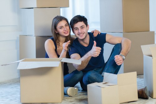 Boxes and office equipment prepared for a commercial move